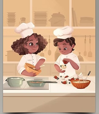 Two children in chef hats baking together