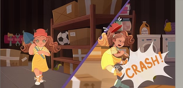 Melissa exploring a basement with a CRASH! comic burst